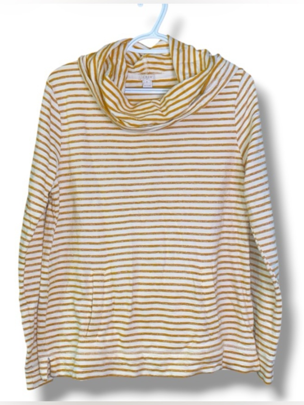 J Crew Striped Cowl Neck Sweater w kangaroo pouch Cream/mustard
